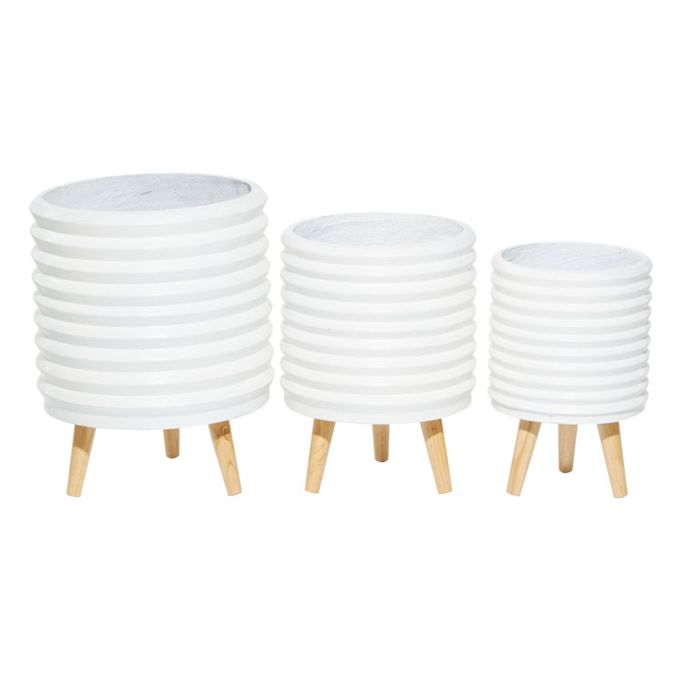 White Magnesium Oxide Round Planter Set with Wood Legs, 14", 16", 18"H
