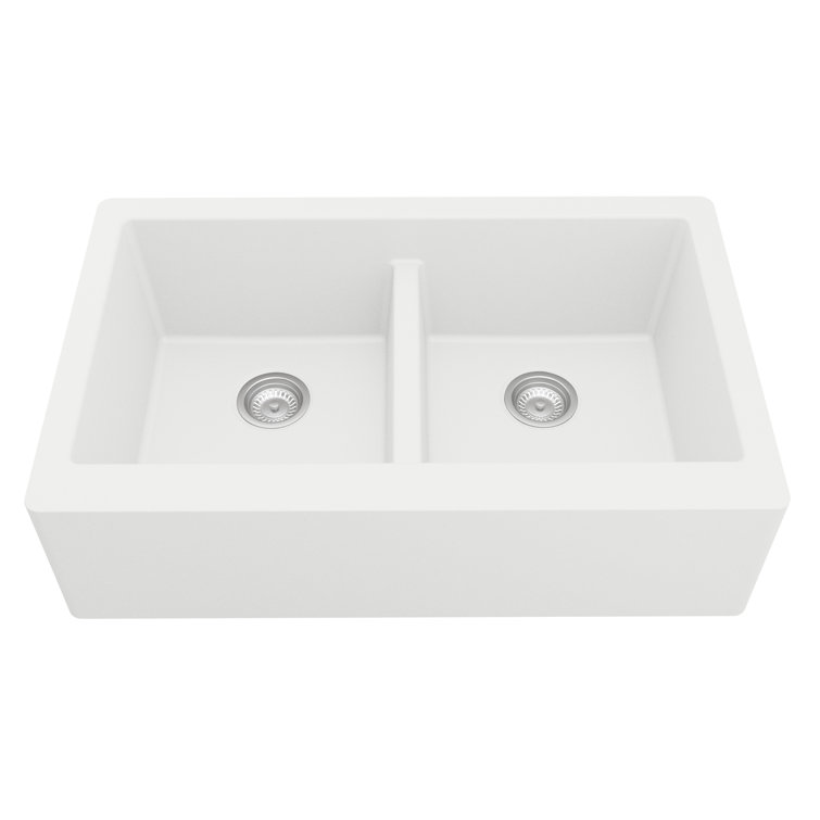 White Quartz Double Bowl Farmhouse Kitchen Sink with Stainless Steel Faucet