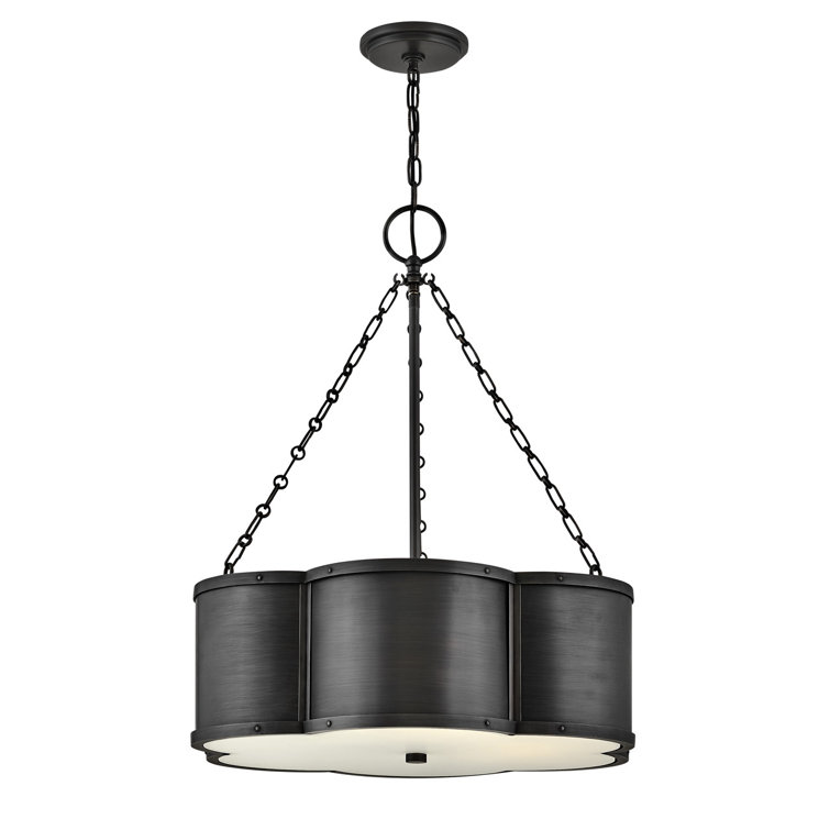 Blackened Brass and Etched Glass Drum Pendant Light