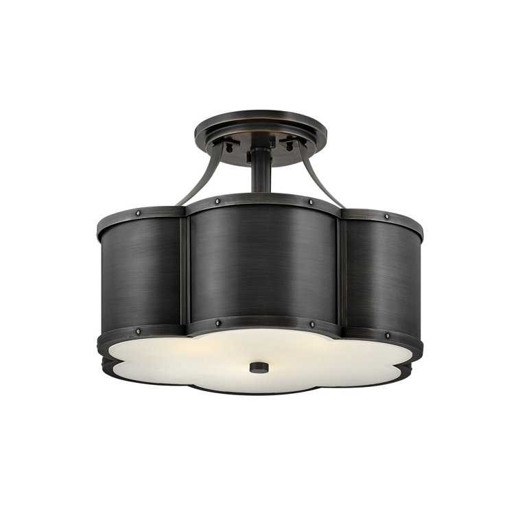 Elegant Blackened Brass 3-Light Drum Semi-Flush Mount with Etched Glass