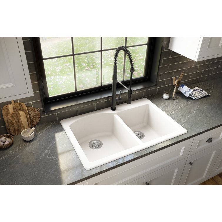 White Quartz Composite Double Bowl Kitchen Sink, 33" x 22"