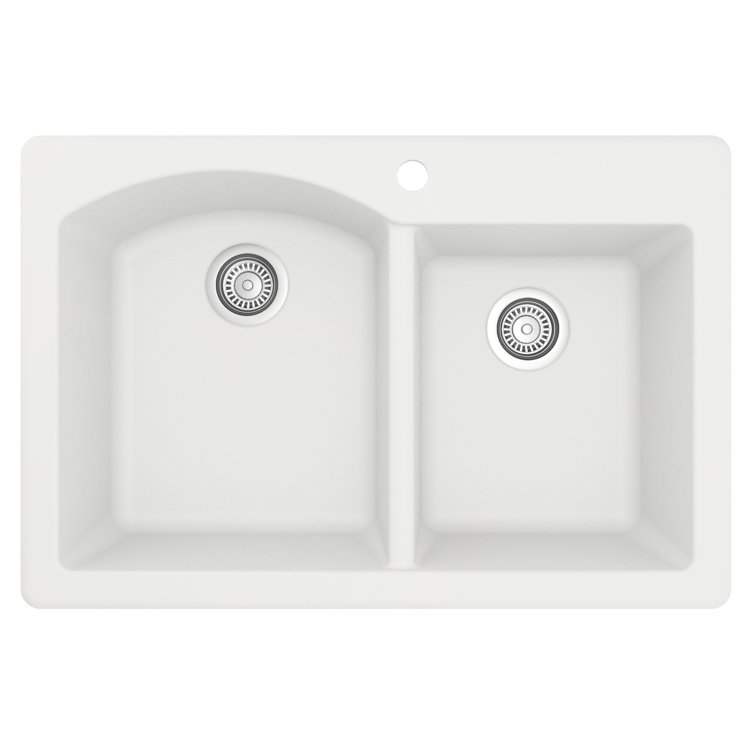 White Quartz Composite Double Bowl Kitchen Sink, 33" x 22"