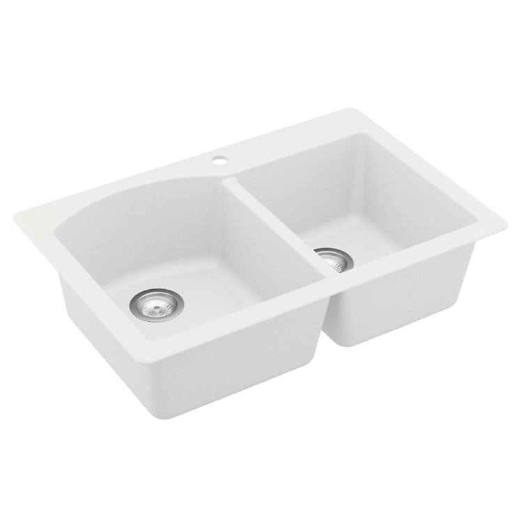 White Quartz Composite Double Bowl Kitchen Sink, 33" x 22"
