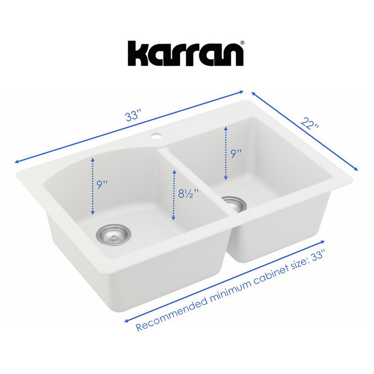 White Quartz Composite Double Bowl Kitchen Sink, 33" x 22"