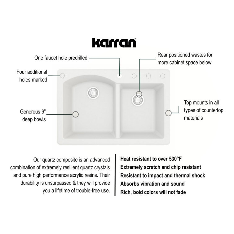 White Quartz Composite Double Bowl Kitchen Sink, 33" x 22"