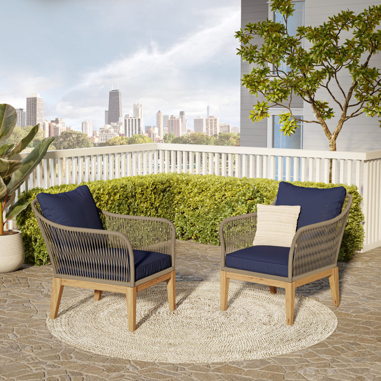 Navy Cushioned Acacia Wood Rope Patio Chair Set