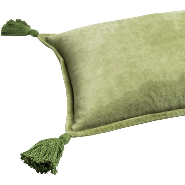 Grass Green Cotton Velvet Lumbar Pillow with Playful Tassels