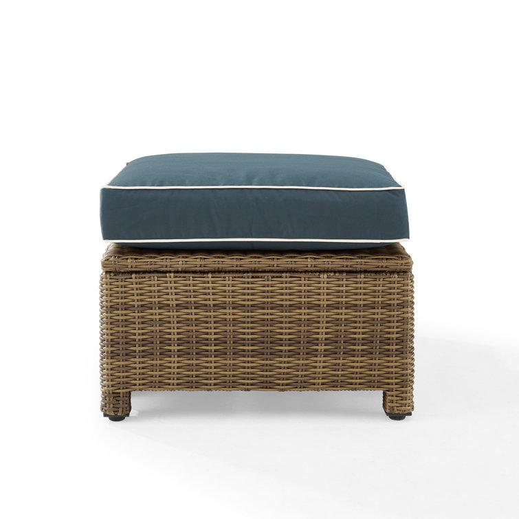 Bradenton Navy Velvet and Brown Wicker Outdoor Ottoman