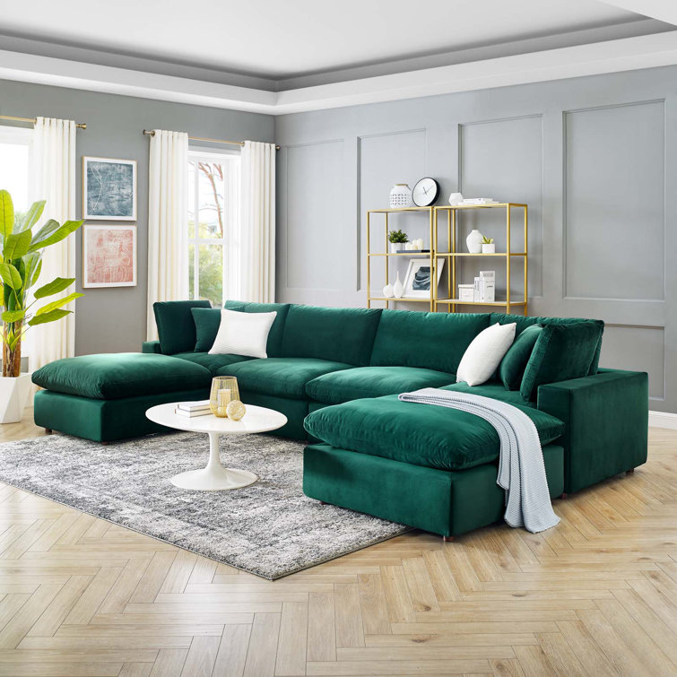 Green Velvet Six-Piece Sectional Sofa with Ottoman