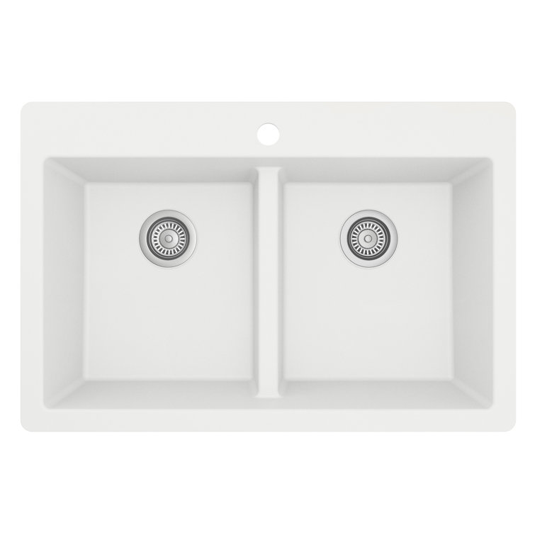 White Quartz 33'' Double Bowl Drop-In Kitchen Sink
