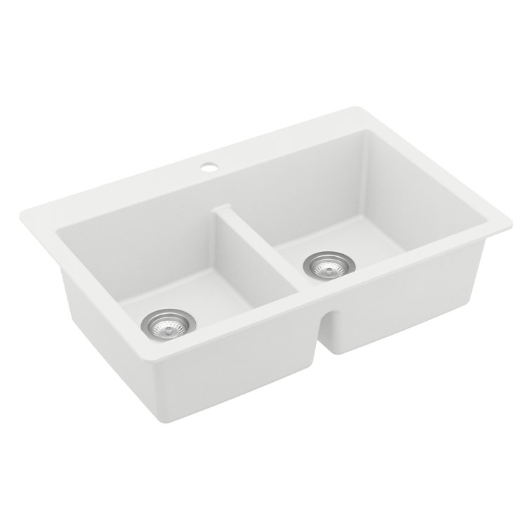 White Quartz 33'' Double Bowl Drop-In Kitchen Sink