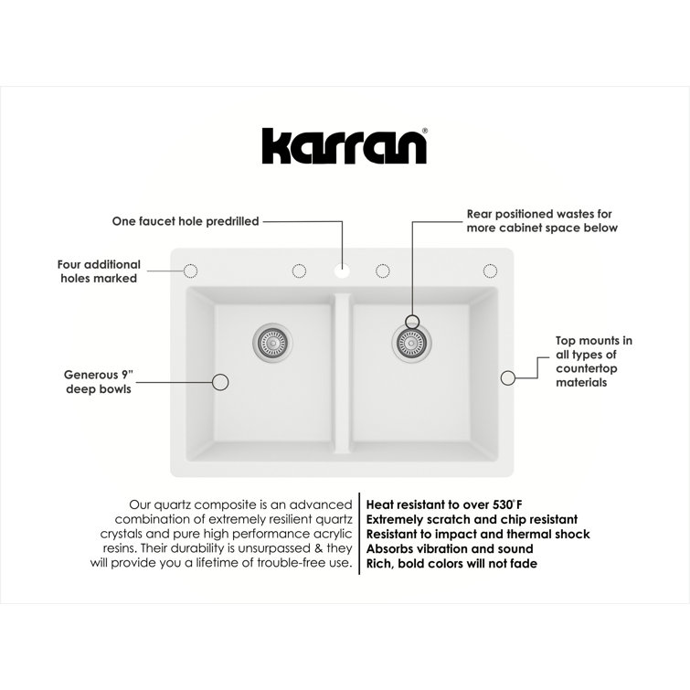 White Quartz 33'' Double Bowl Drop-In Kitchen Sink