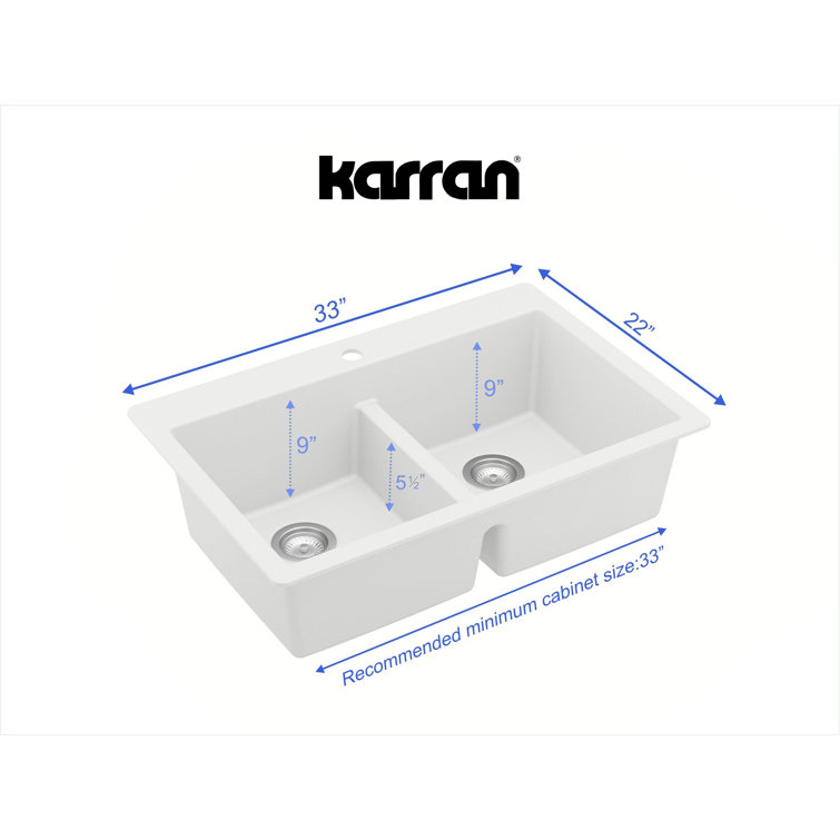 White Quartz 33'' Double Bowl Drop-In Kitchen Sink