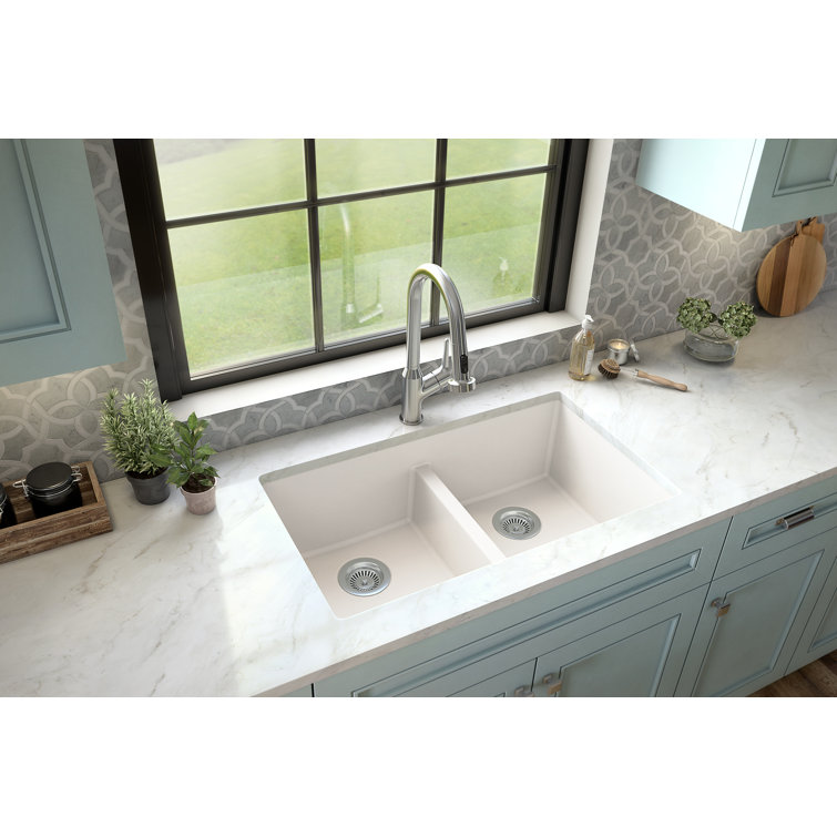 White Quartz Double Bowl Undermount Kitchen Sink, 32"