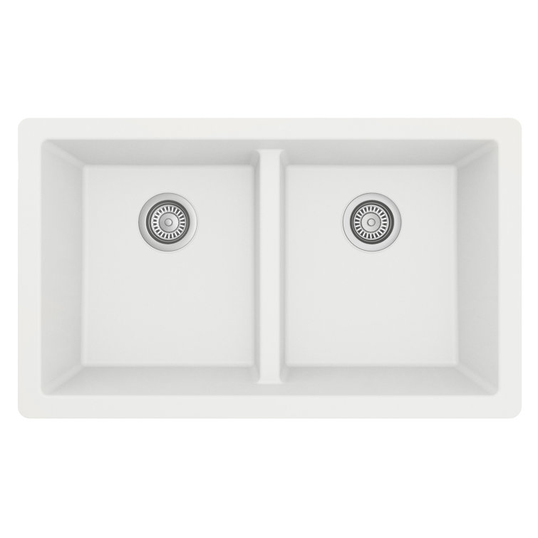 White Quartz Double Bowl Undermount Kitchen Sink, 32"