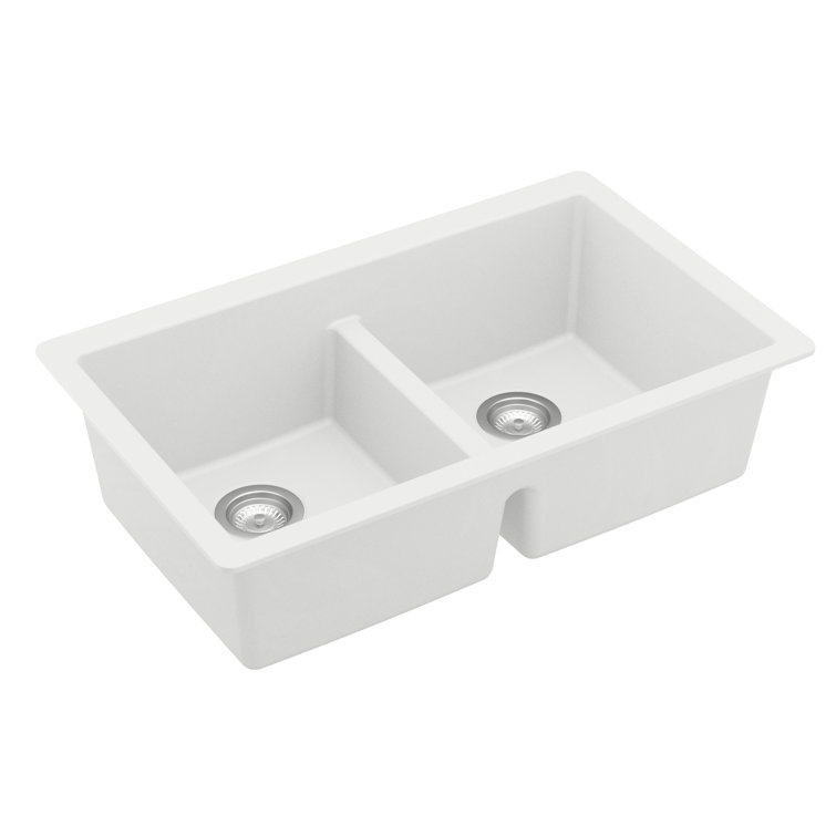 White Quartz Double Bowl Undermount Kitchen Sink, 32"