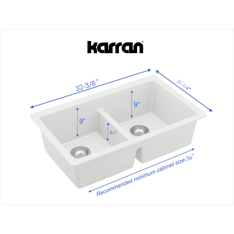 White Quartz Double Bowl Undermount Kitchen Sink, 32"