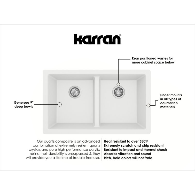 White Quartz Double Bowl Undermount Kitchen Sink, 32"
