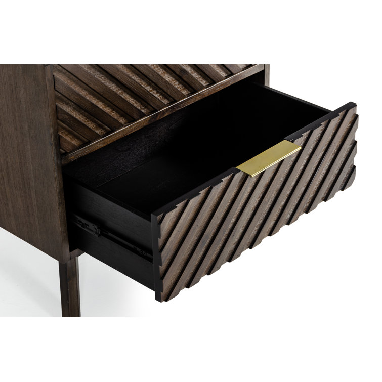 Dark Acacia Wood 2-Drawer Nightstand with Brass Handles