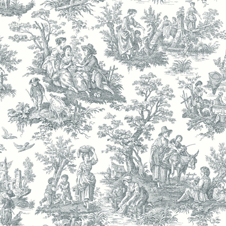Gray and White Vinyl Country Life Toile Peel and Stick Wallpaper