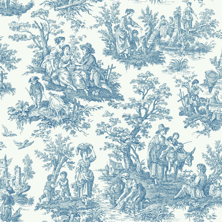 Blue and White Vinyl Peel & Stick Toile Wallpaper Roll