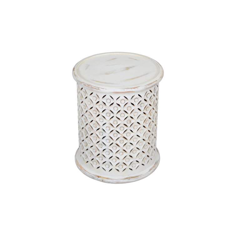 Antique White 16'' Round Mango Wood and Metal Drum End Table