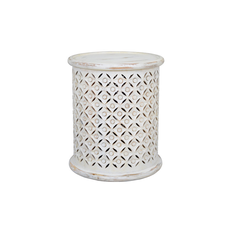 Antique White 16'' Round Mango Wood and Metal Drum End Table