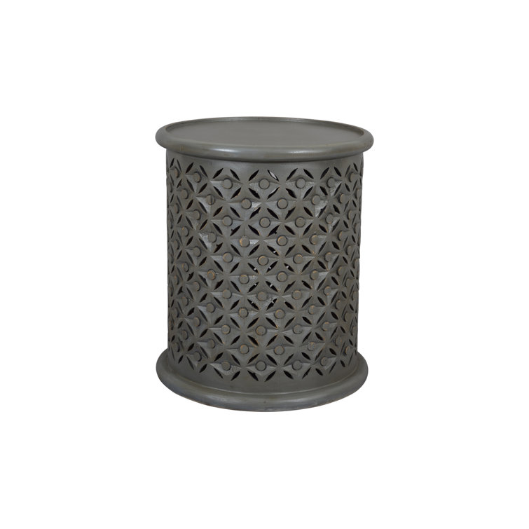 Transitional Hand-Carved 17" Round Drum Table in Antique Grey