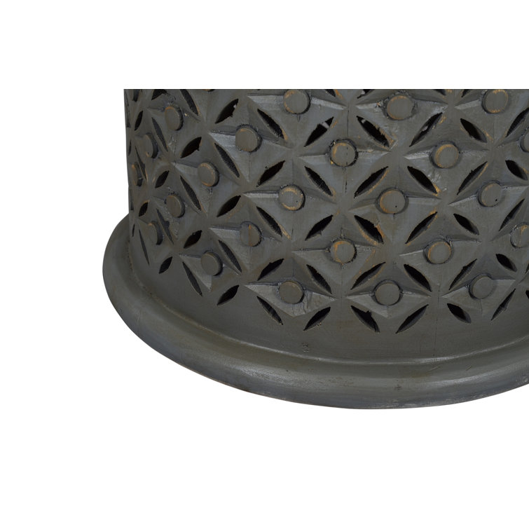 Transitional Hand-Carved 17" Round Drum Table in Antique Grey