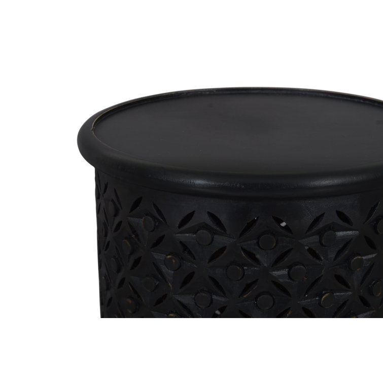 Transitional Hand-Carved 17" Round Drum Table in Antique Grey