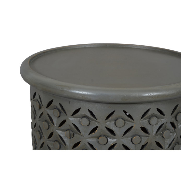 Transitional Hand-Carved 17" Round Drum Table in Antique Grey