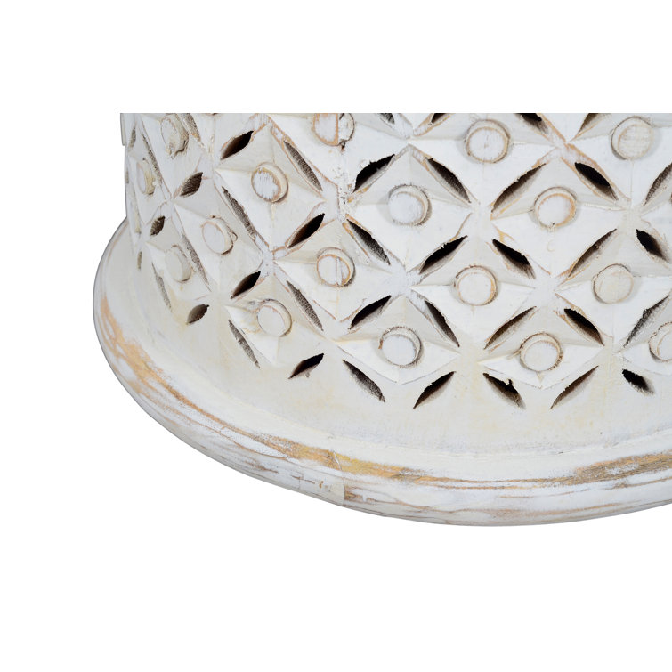 Antique White 16'' Round Mango Wood and Metal Drum End Table