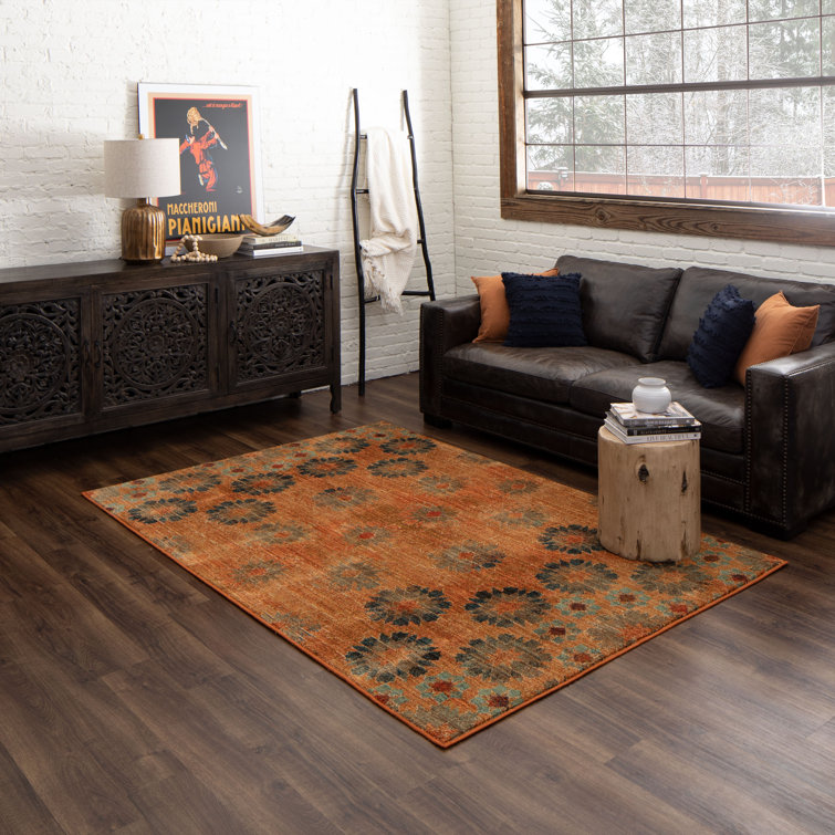 Saffron Orange and Turquoise Floral Synthetic Area Rug