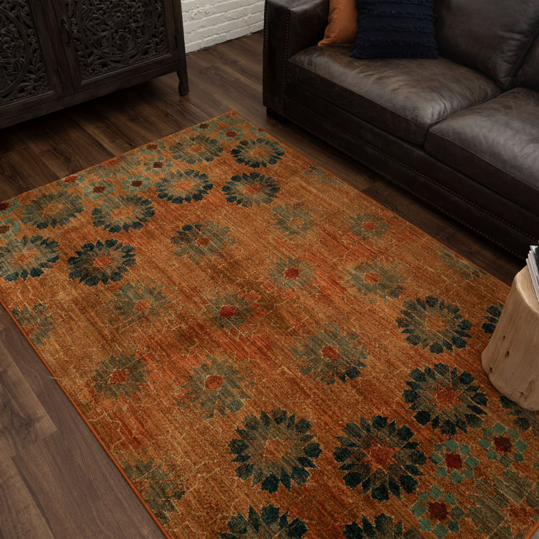 Saffron Orange and Turquoise Floral Synthetic Area Rug