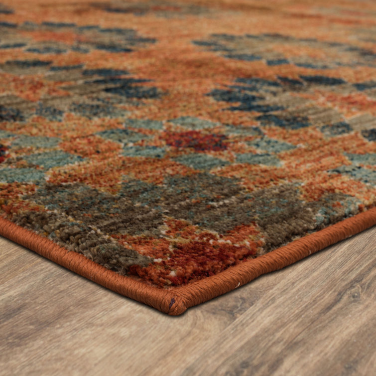 Saffron Orange and Turquoise Floral Synthetic Area Rug