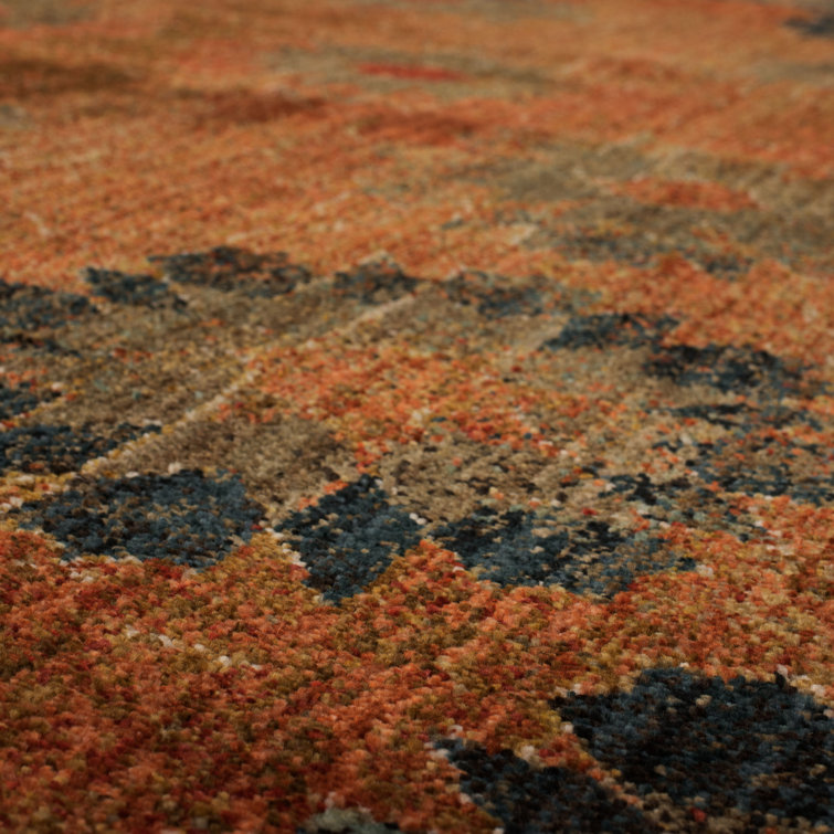 Saffron Orange and Turquoise Floral Synthetic Area Rug