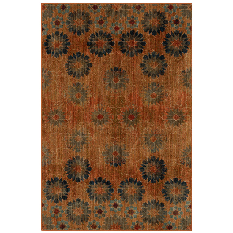 Saffron Orange and Turquoise Floral Synthetic Area Rug