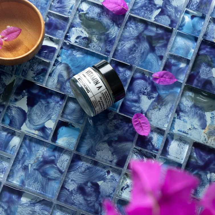 Pacific Blue Hand-Painted Glass Mosaic Tile, 12x12
