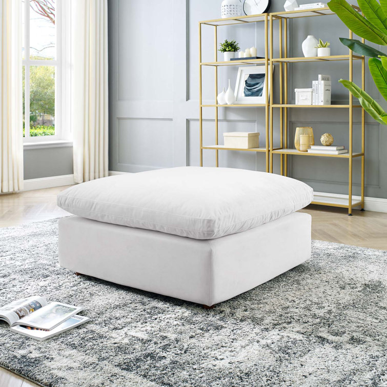 White Velvet Overstuffed Ottoman with Down Filled Cushions