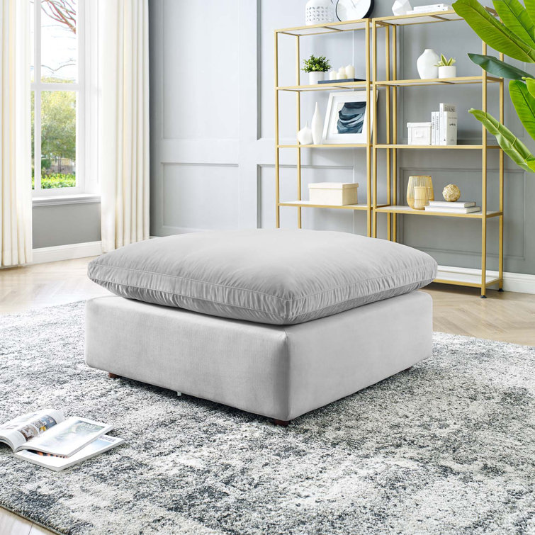 Light Gray Velvet Overstuffed Ottoman with Solid Wood Frame