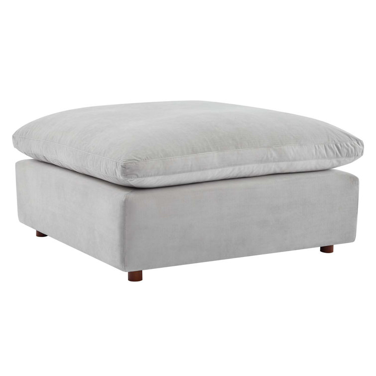 Light Gray Velvet Overstuffed Ottoman with Solid Wood Frame