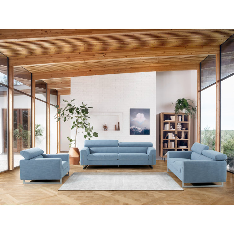 Serena Luxe 92'' Plush Blue Polyester Sofa with Silver Legs