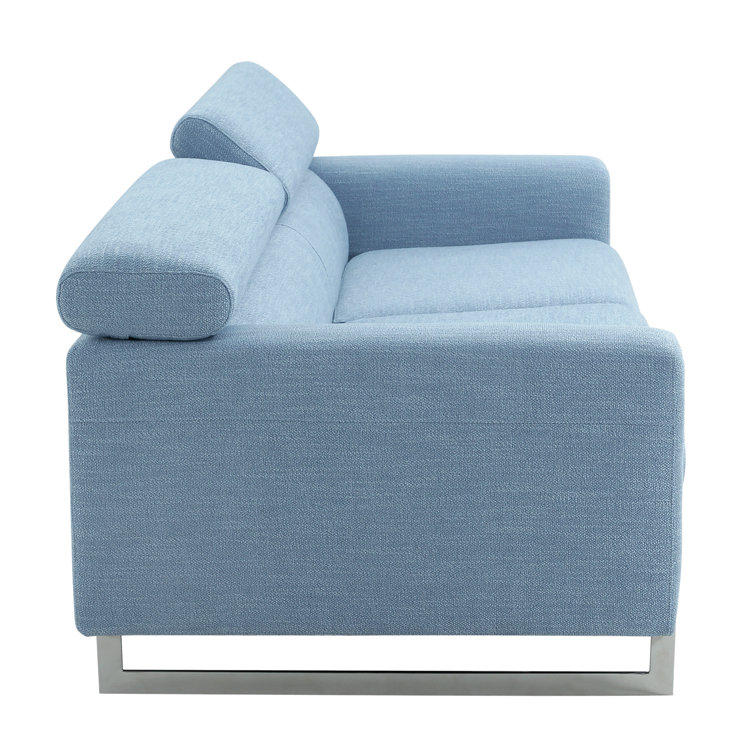 Serena Luxe 92'' Plush Blue Polyester Sofa with Silver Legs
