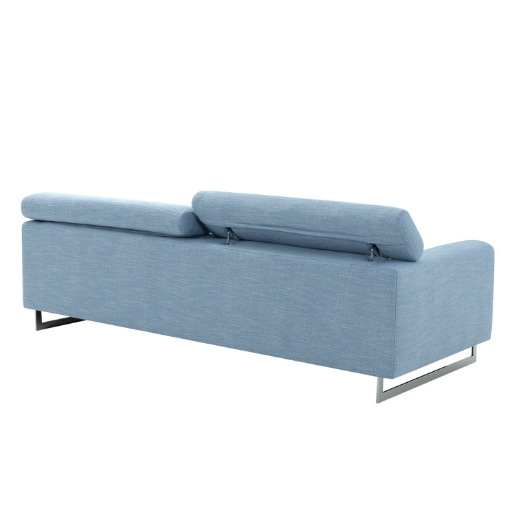 Serena Luxe 92'' Plush Blue Polyester Sofa with Silver Legs