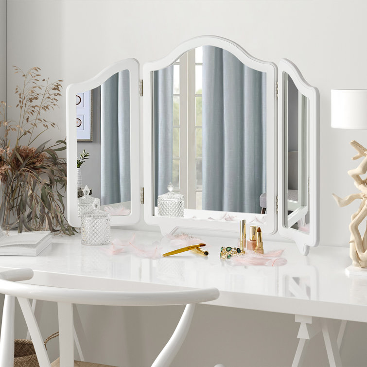 Vintage White Trifold Large Vanity Makeup Mirror, Tabletop Mount