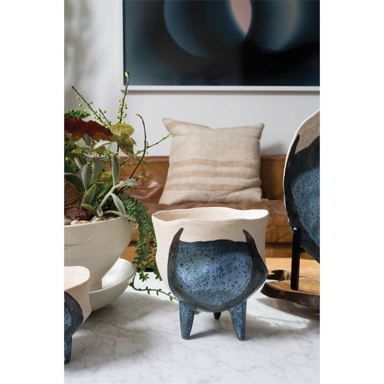 Finn Blue and Off-White Ceramic Footed Planter
