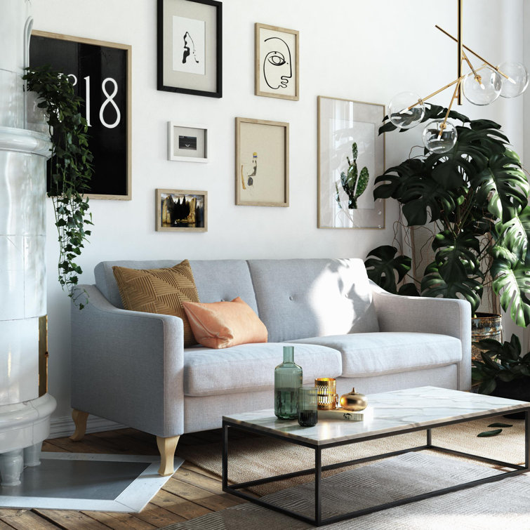 Light Gray Tufted Linen Fabric Sofa with Sloped Arms