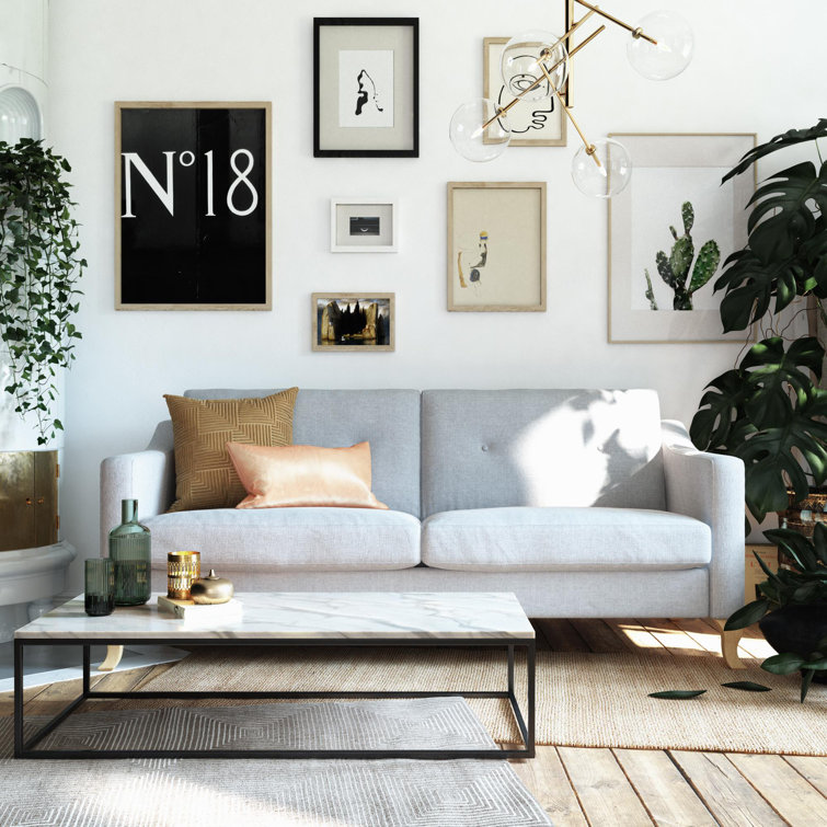 Light Gray Tufted Linen Fabric Sofa with Sloped Arms