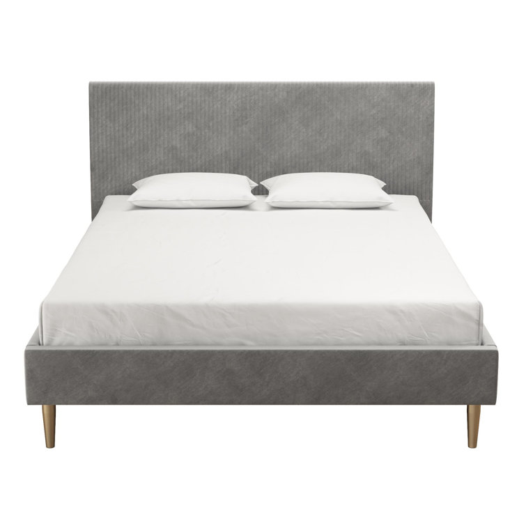 Daphne Light Gray Velvet Upholstered Bed with Brass Toned Legs
