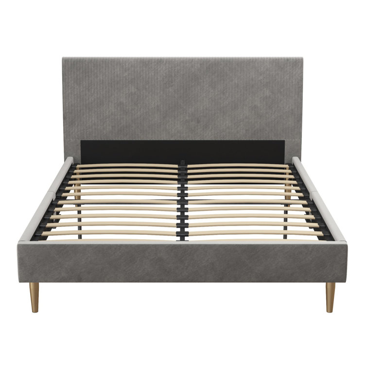Daphne Light Gray Velvet Upholstered Bed with Brass Toned Legs